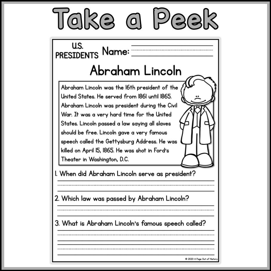 1st 2nd Grade Reading Comprehension United States Presidents Passages U0026 Questions Classroom Homeschool No Prep Printable US History Etsy