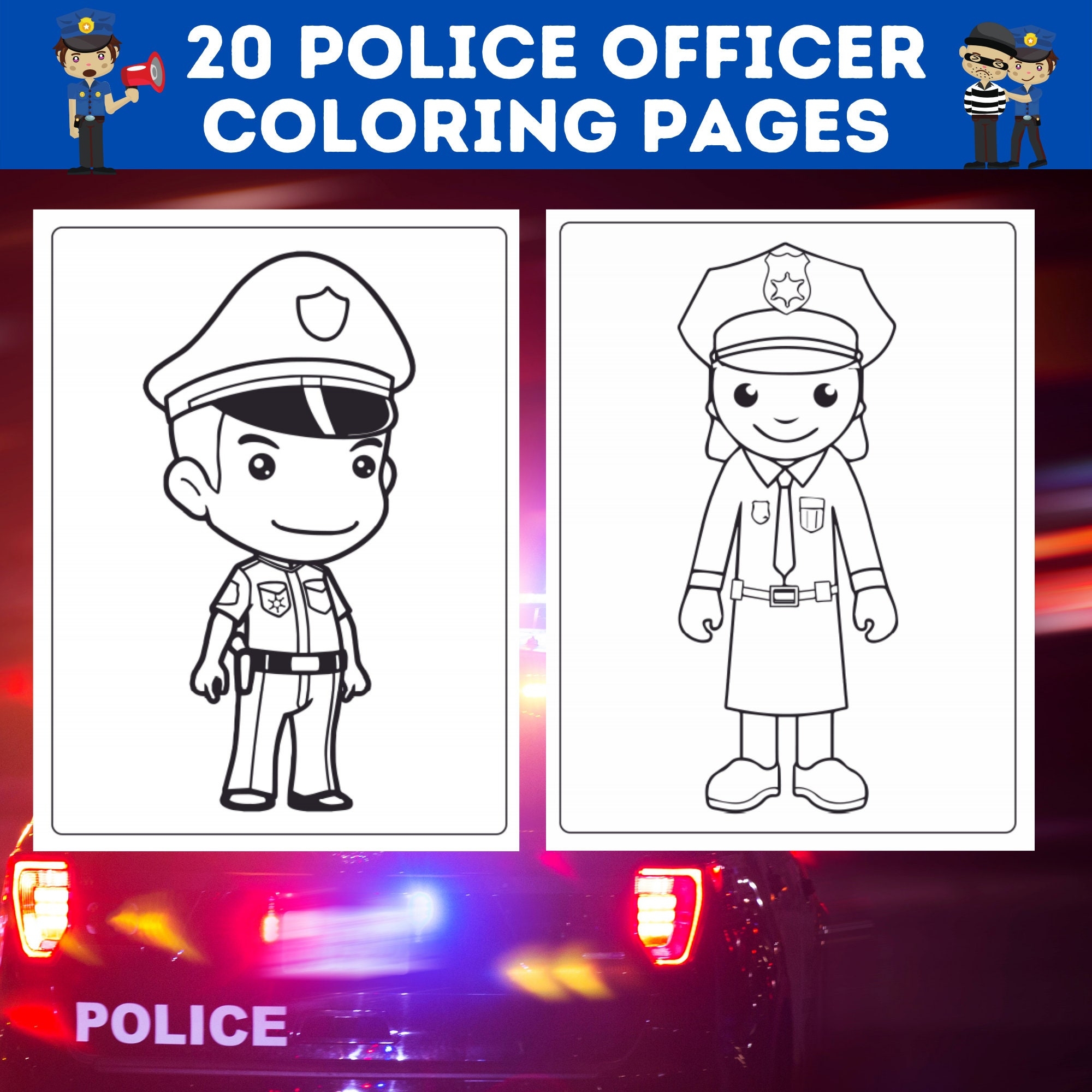 20 Police Officer Coloring Pages Bundle Policeman Policewoman 