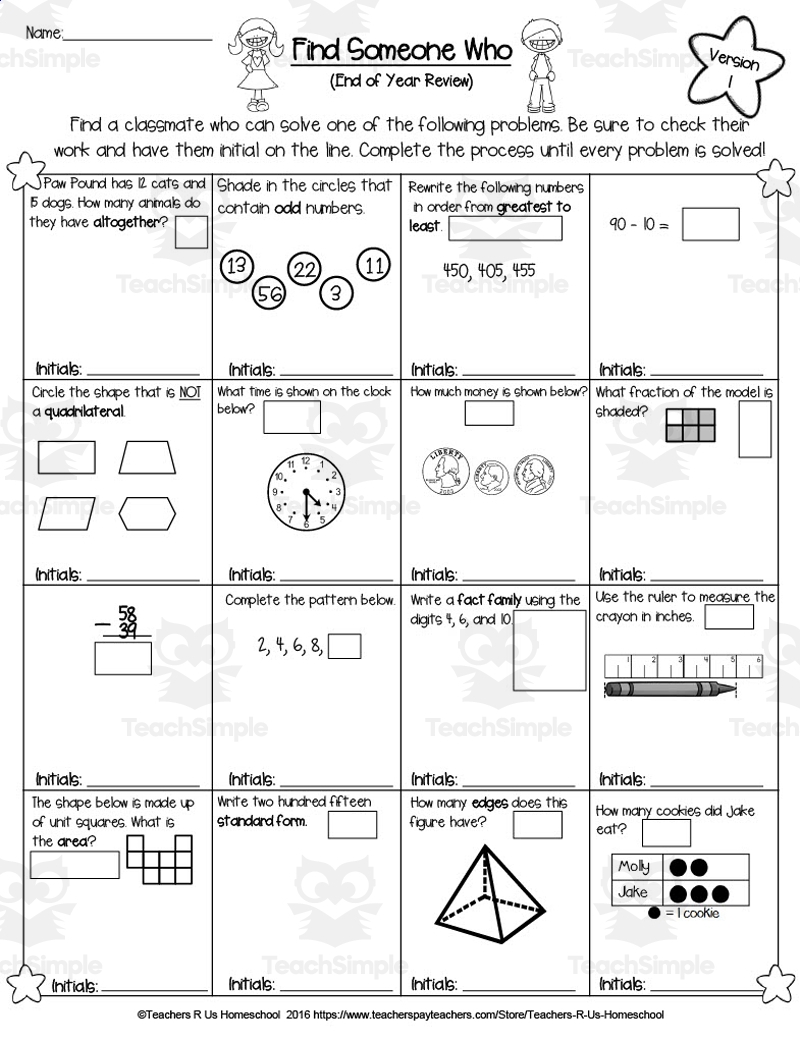 2nd Grade Find Someone Who End Of The Year Math Review
