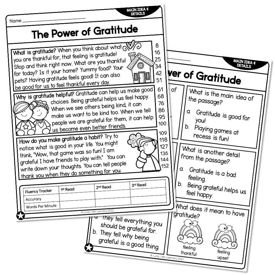 2nd Grade Main Idea And Details Reading Passage The Power Of Gratitude Below Lucky Little Learners