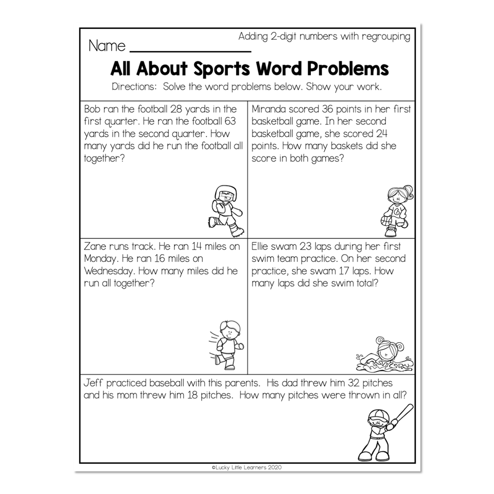 2nd Grade Math Worksheets 2 Digit Addition With Regrouping All About Sports Word Problems Lucky Little Learners 2nd Grade Math Worksheets 2 Digit Addition With Regrouping All About Sports Word Problems Lucky Little Learners