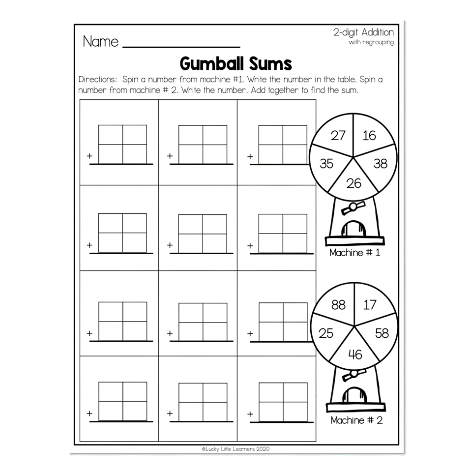 2nd Grade Math Worksheets 2 Digit Addition With Regrouping Gumball Sums Lucky Little Learners 2nd Grade Math Worksheets 2 Digit Addition With Regrouping Gumball Sums Lucky Little Learners