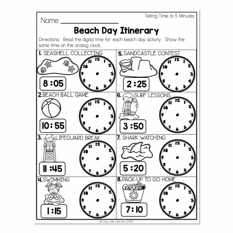 2nd Grade Math Worksheets Time Telling Time To 5 Minutes