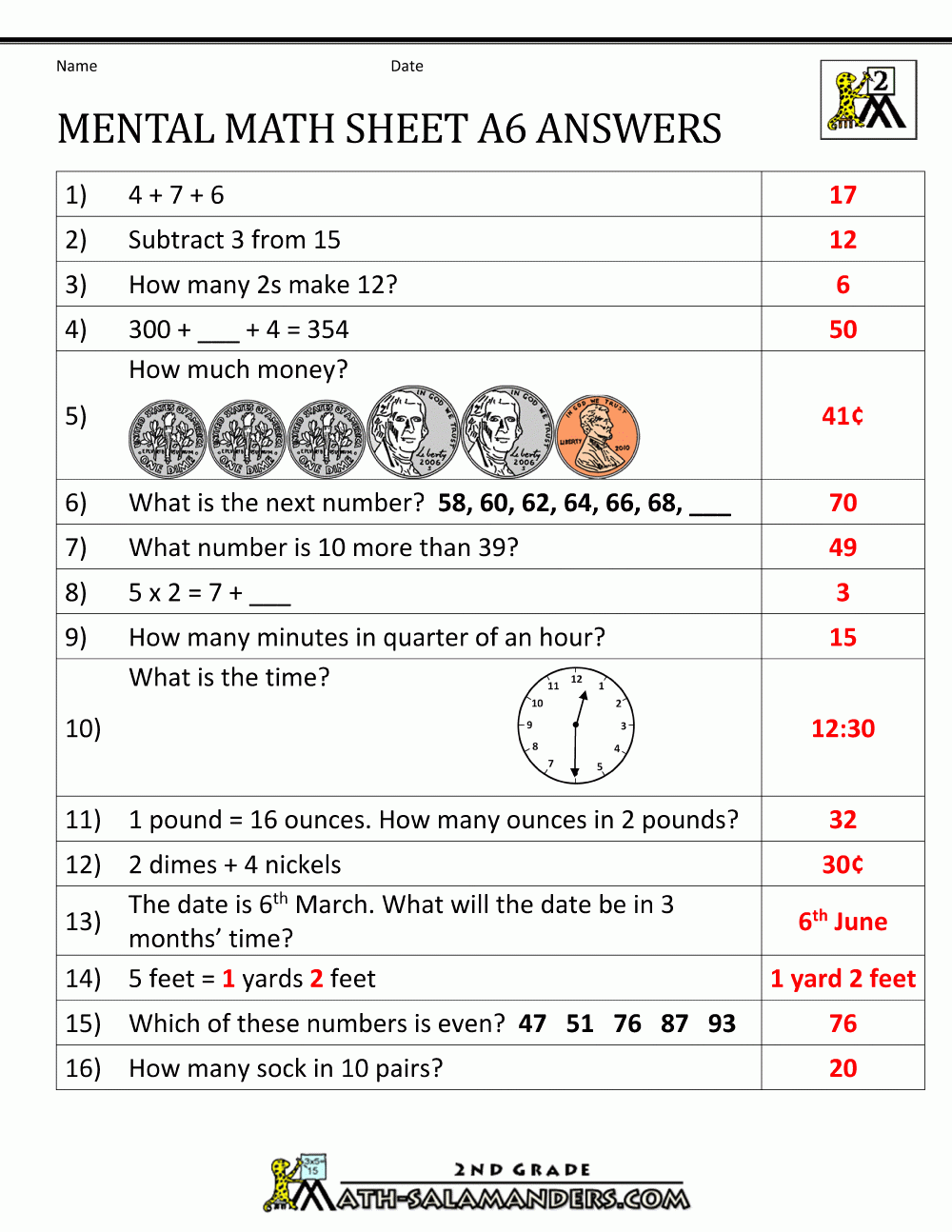2nd Grade Mental Math Worksheets