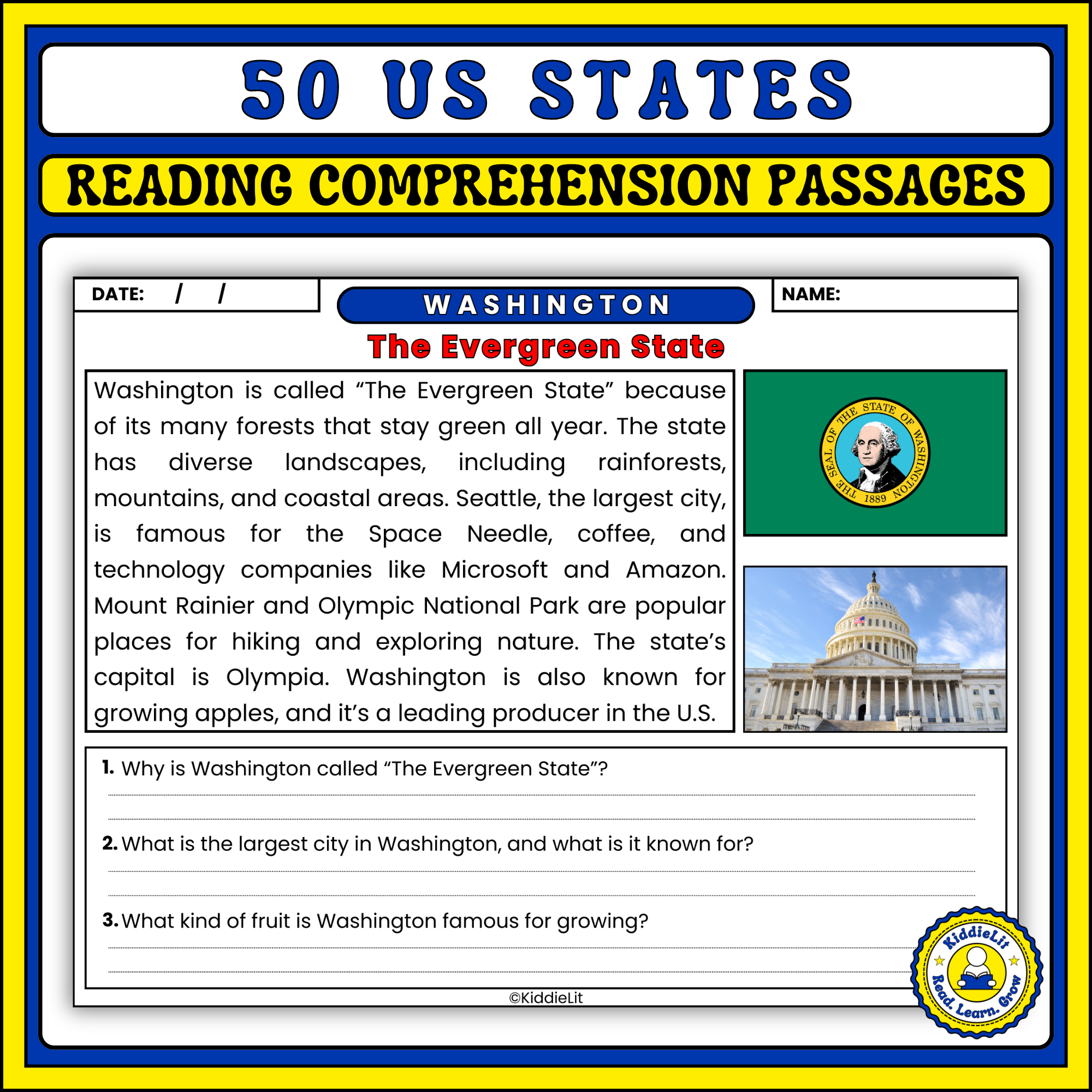 50 US States Reading Comprehension Passages U0026 Questions Kindergarten 1st U0026 2nd Grade Geography Made By Teachers