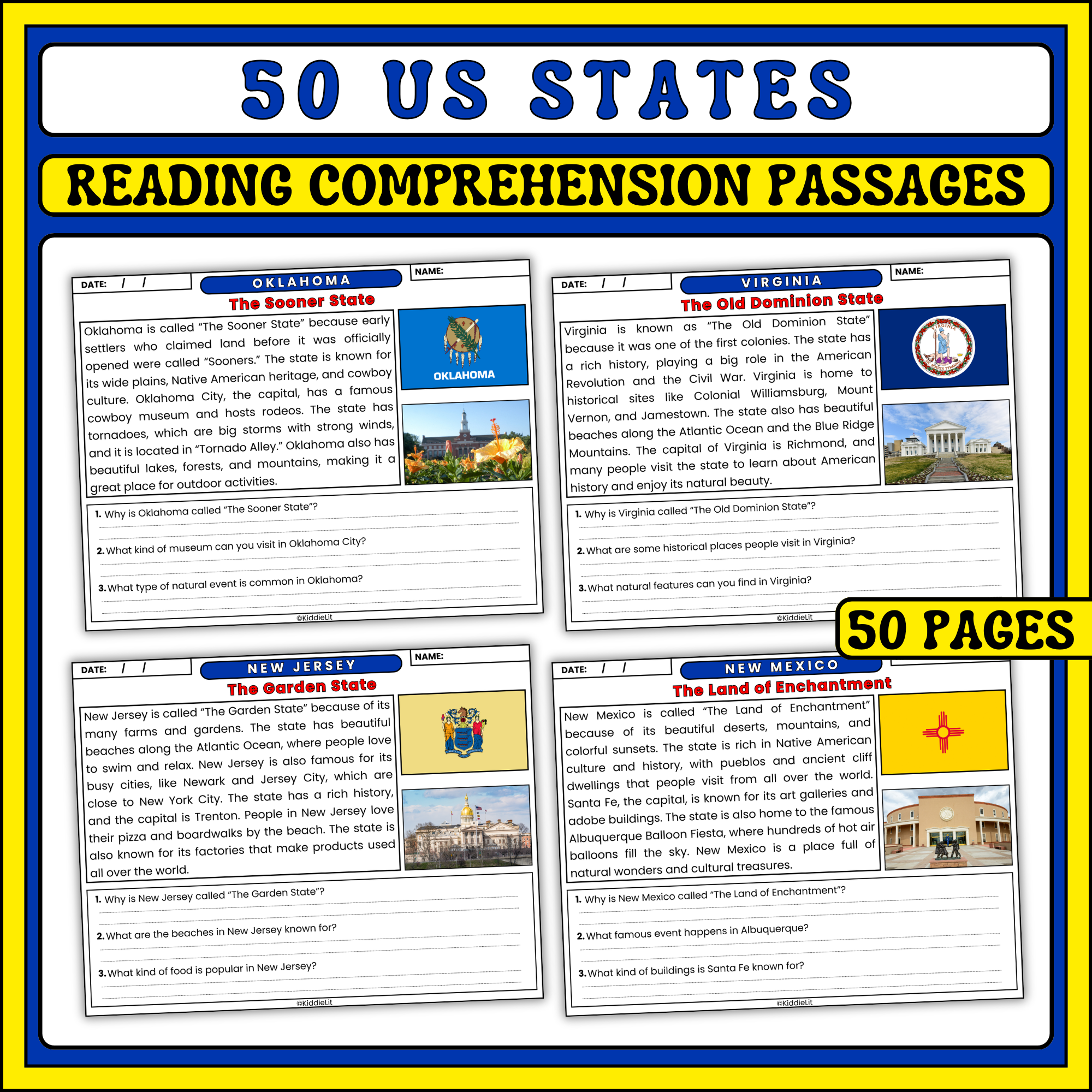 50 US States Reading Comprehension Passages U0026 Questions Kindergarten 1st U0026 2nd Grade Geography Made By Teachers