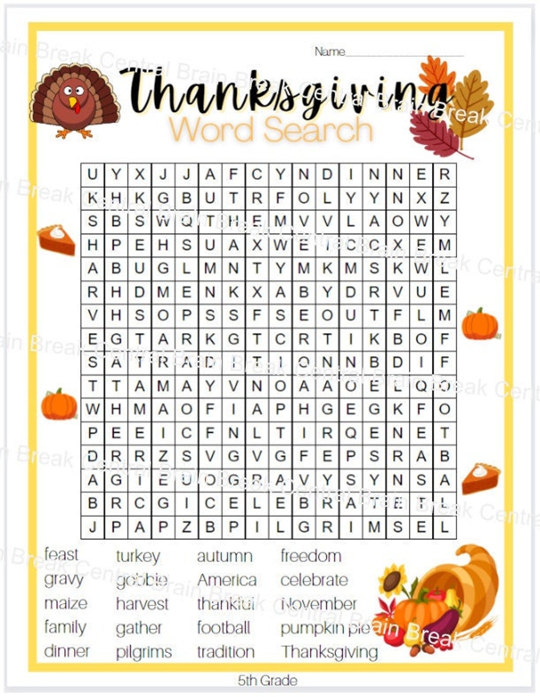 5th Grade Thanksgiving Word Search With Answer Key Printable Etsy