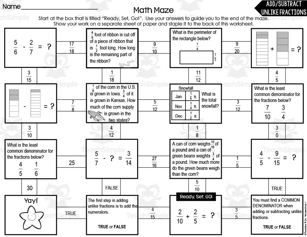 Add U0026 Subtract Unlike Fractions Math Maze By Teach Simple