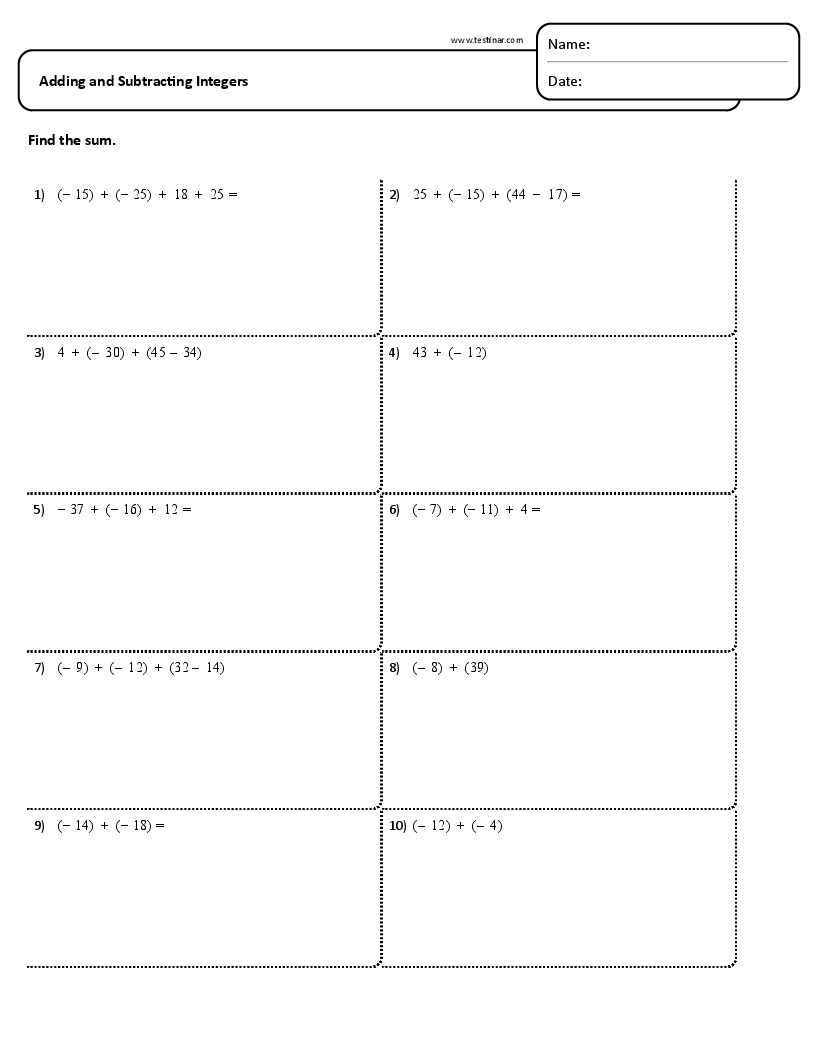 Free Printable 7th Grade Integer Worksheets Free Printable 7th Grade Integer Worksheets