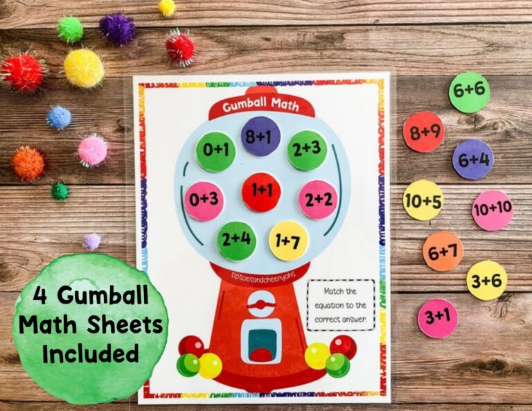 Addition Math Worksheets Gumball Math Game For Kids Counting 1 20 Math Worksheet Counting Practice Homeschool Math Matching Game Etsy