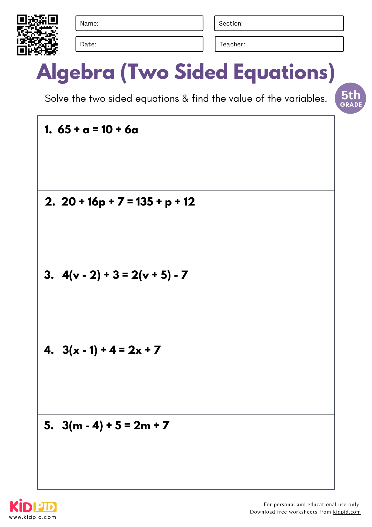 Algebra 2 Sided Equations Worksheet For Grade 5 Kidpid Algebra 2 Sided Equations Worksheet For Grade 5 Kidpid