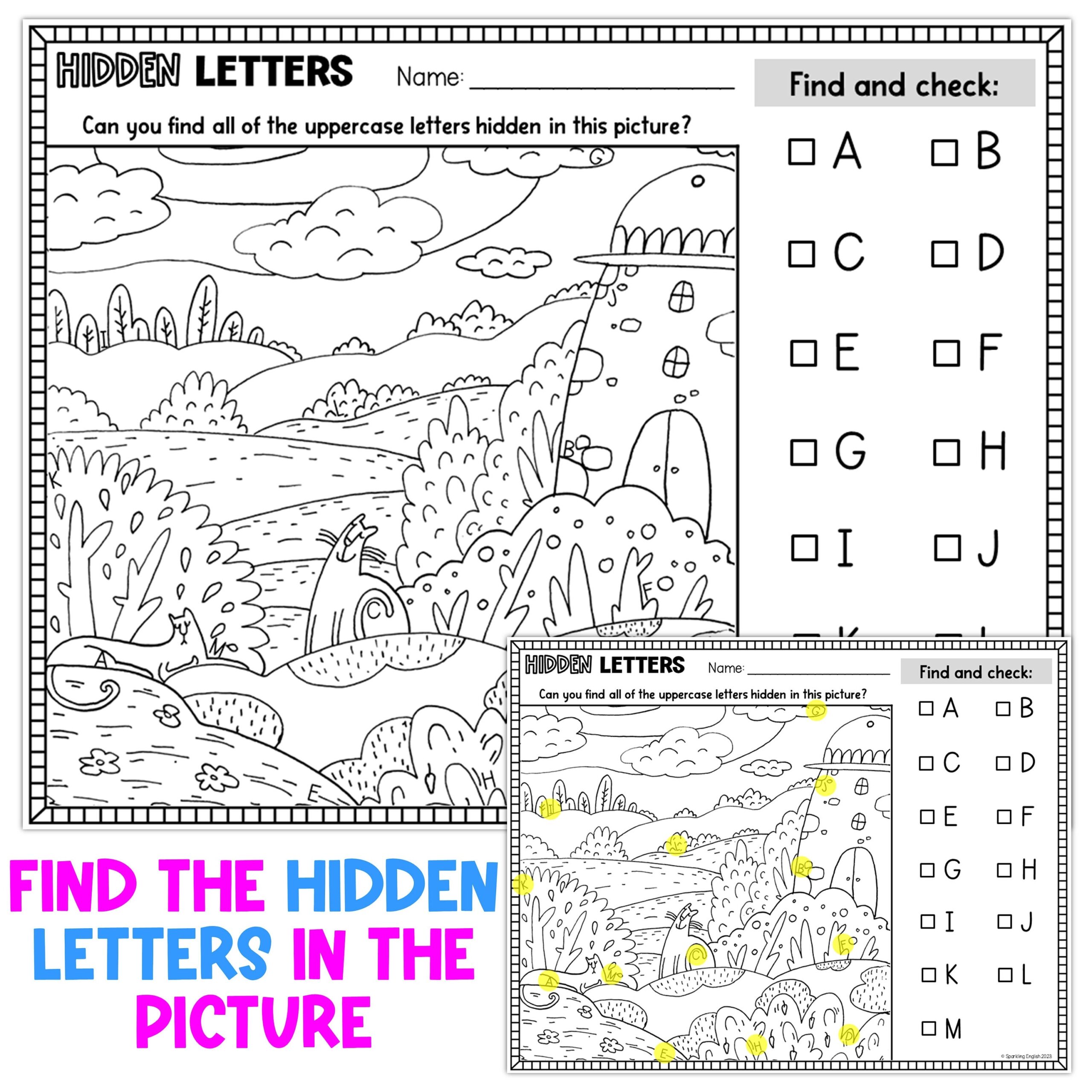 Alphabet Hidden Letters Pictures Letter Recognition Alphabet Review Worksheets Kindergarten Curriculum Etsy
