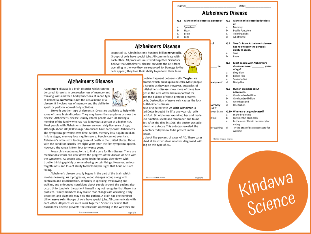 Alzheimers Disease Reading Comprehension Passage And Questions 