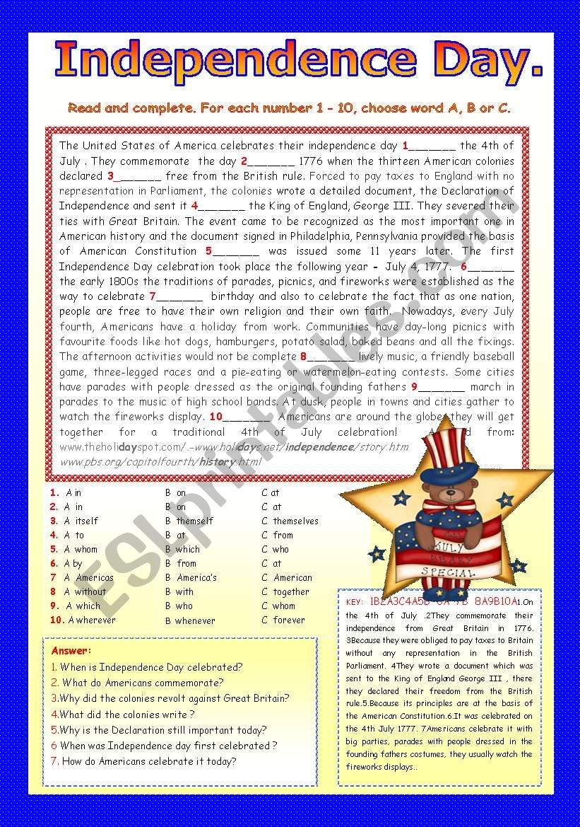 AMERICAN CELEBRATIONS INDEPENDENCE DAY ESL Worksheet By LUCETTA06 AMERICAN CELEBRATIONS INDEPENDENCE DAY ESL Worksheet By LUCETTA06