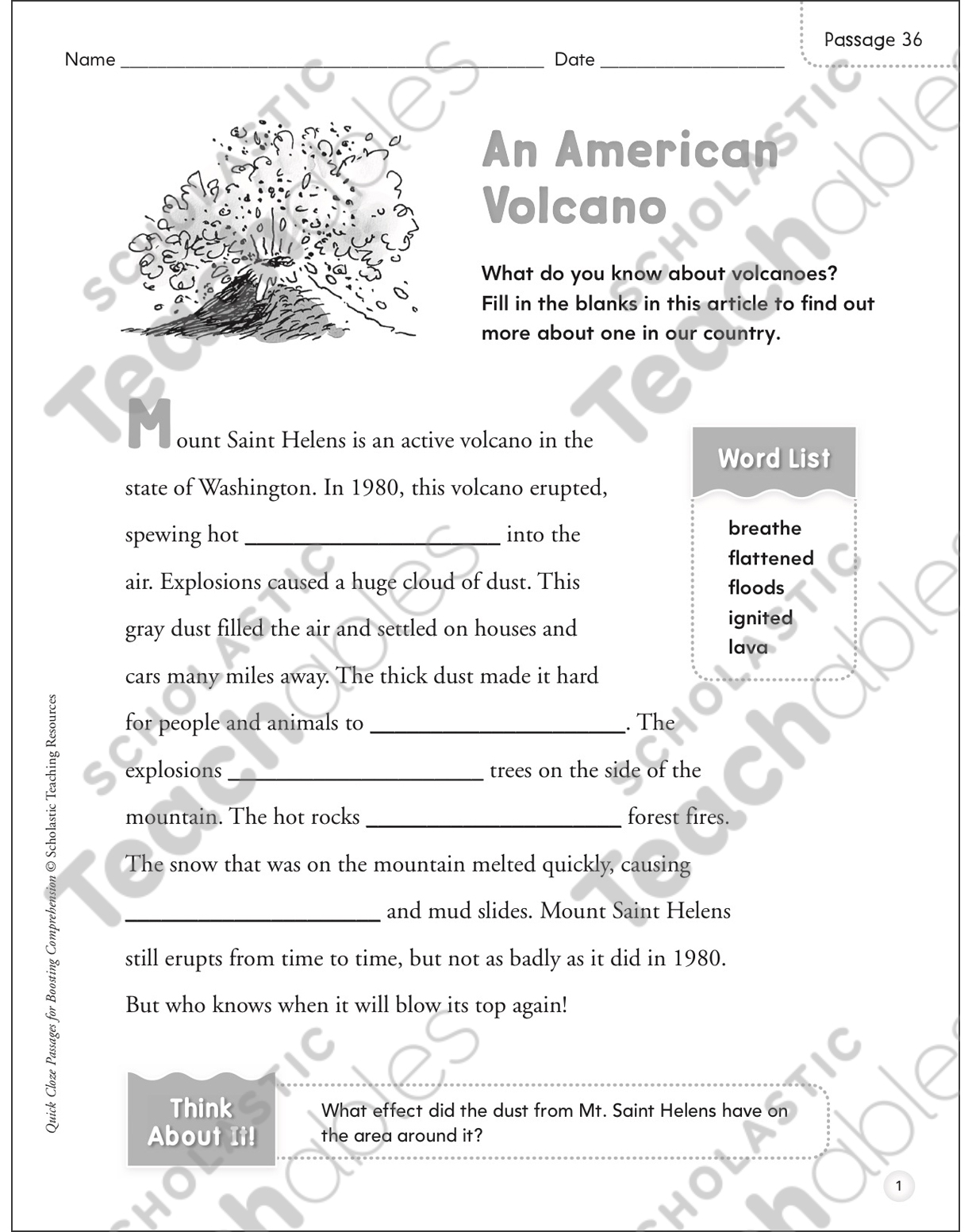 An American Volcano Quick Cloze Passage Printable Skills Sheets Lesson Plans And Ideas An American Volcano Quick Cloze Passage Printable Skills Sheets Lesson Plans And Ideas