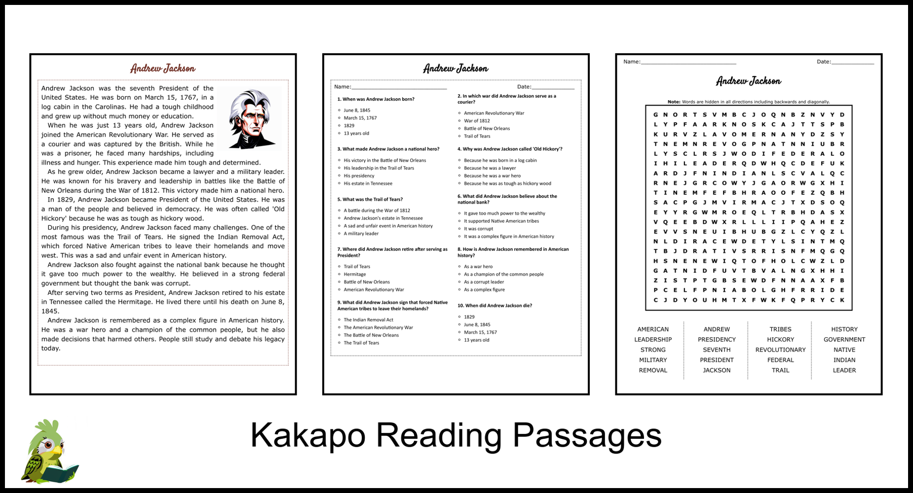 Andrew Jackson Reading Comprehension And Word Search Teaching Resources