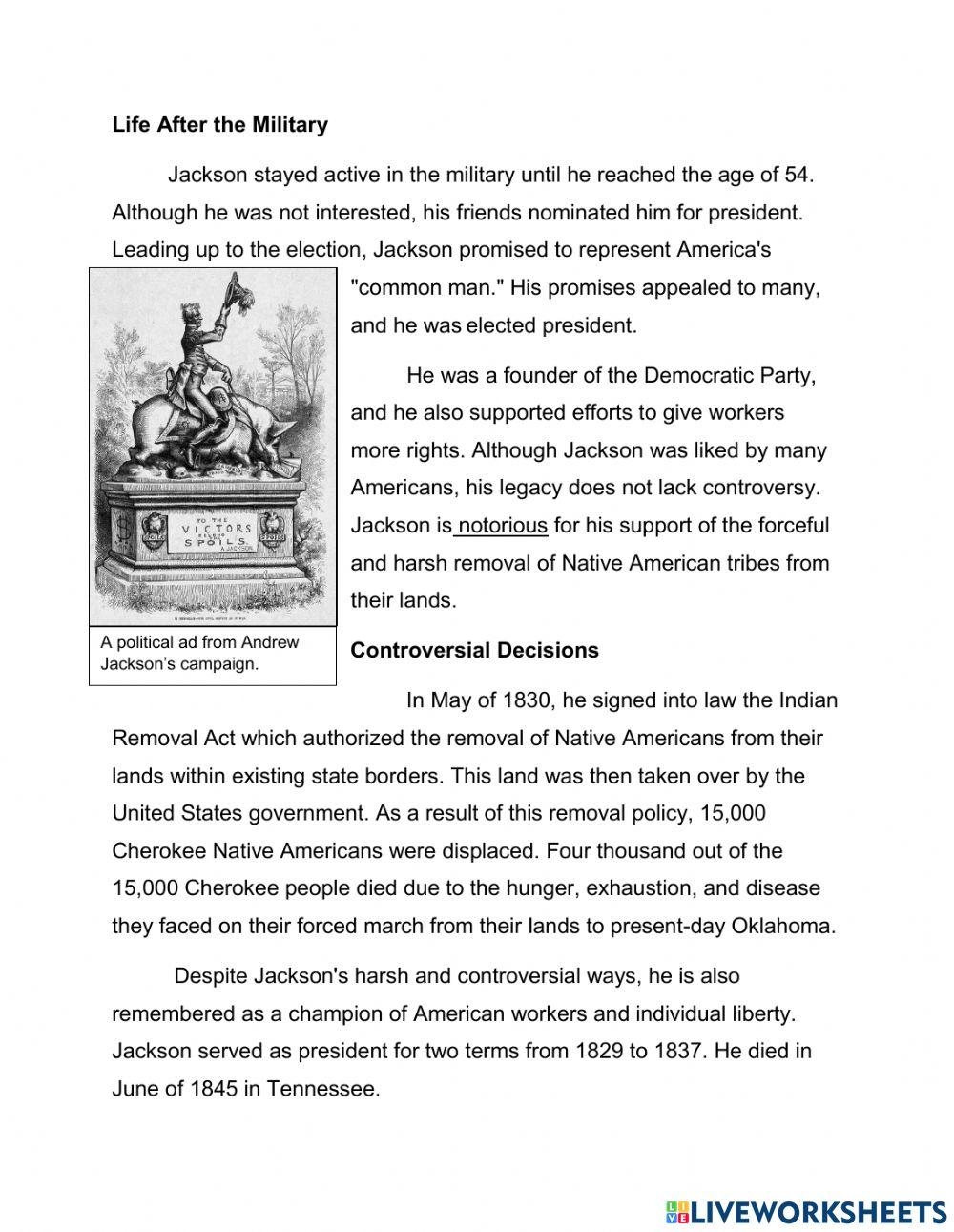 Andrew Jackson Reading Comprehension Worksheet EdHelper Worksheets Library
