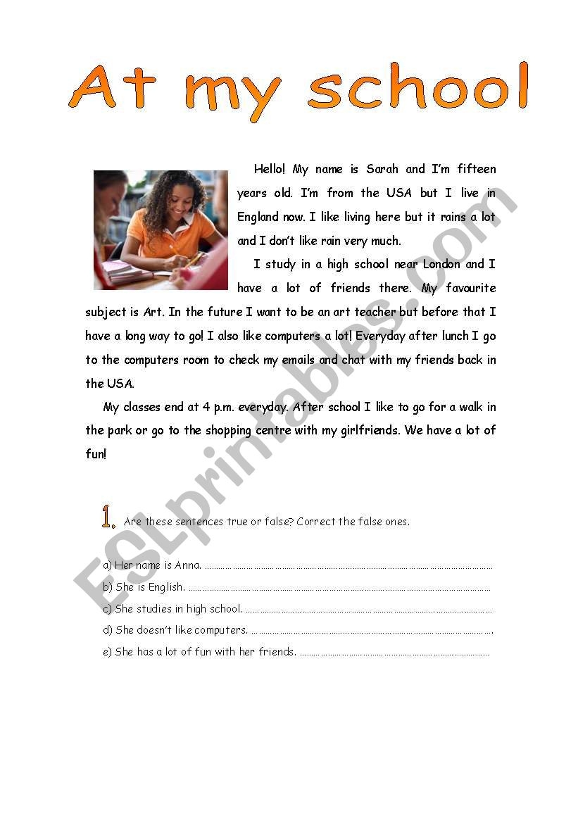 At My School Reading Comprehension ESL Worksheet By Xana f Worksheets Library