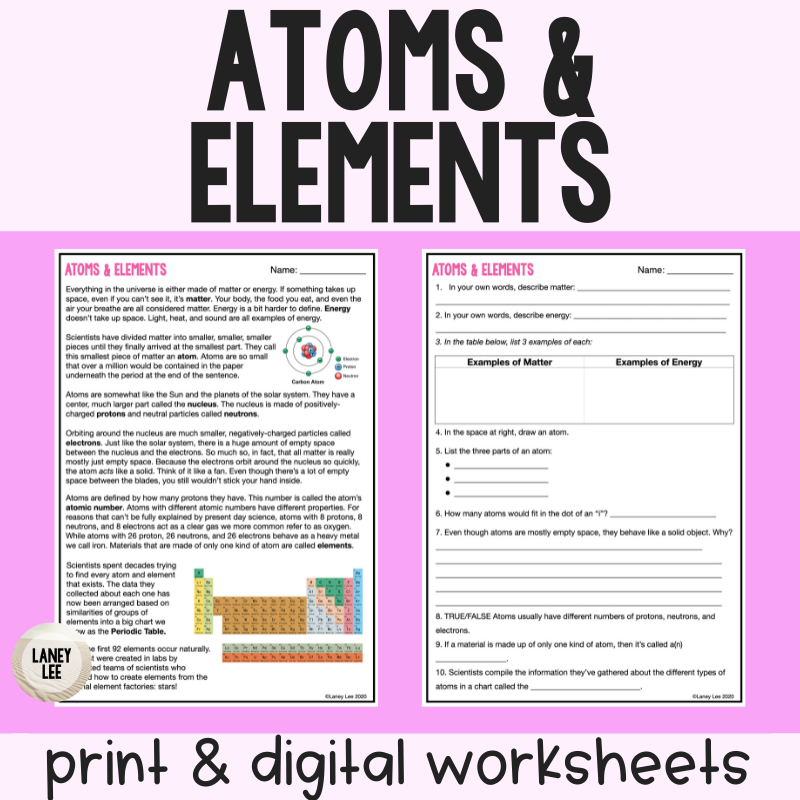 Atoms And Elements Reading Comprehension Worksheets Laney Lee Atoms And Elements Reading Comprehension Worksheets Laney Lee