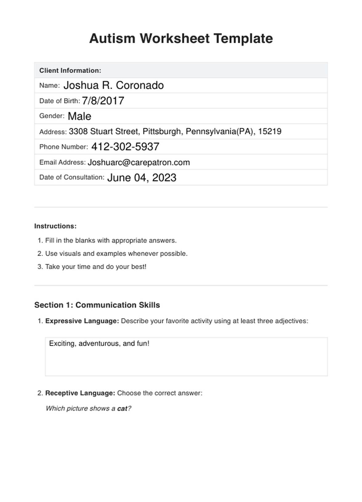 Autism Worksheet Example Free PDF Download Autism Worksheet Example Free PDF Download