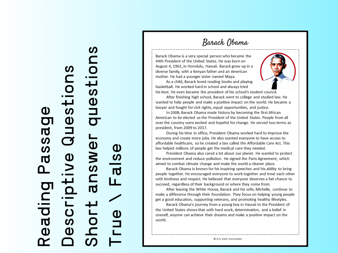 Barack Obama Biography Reading Comprehension Passage Printable 