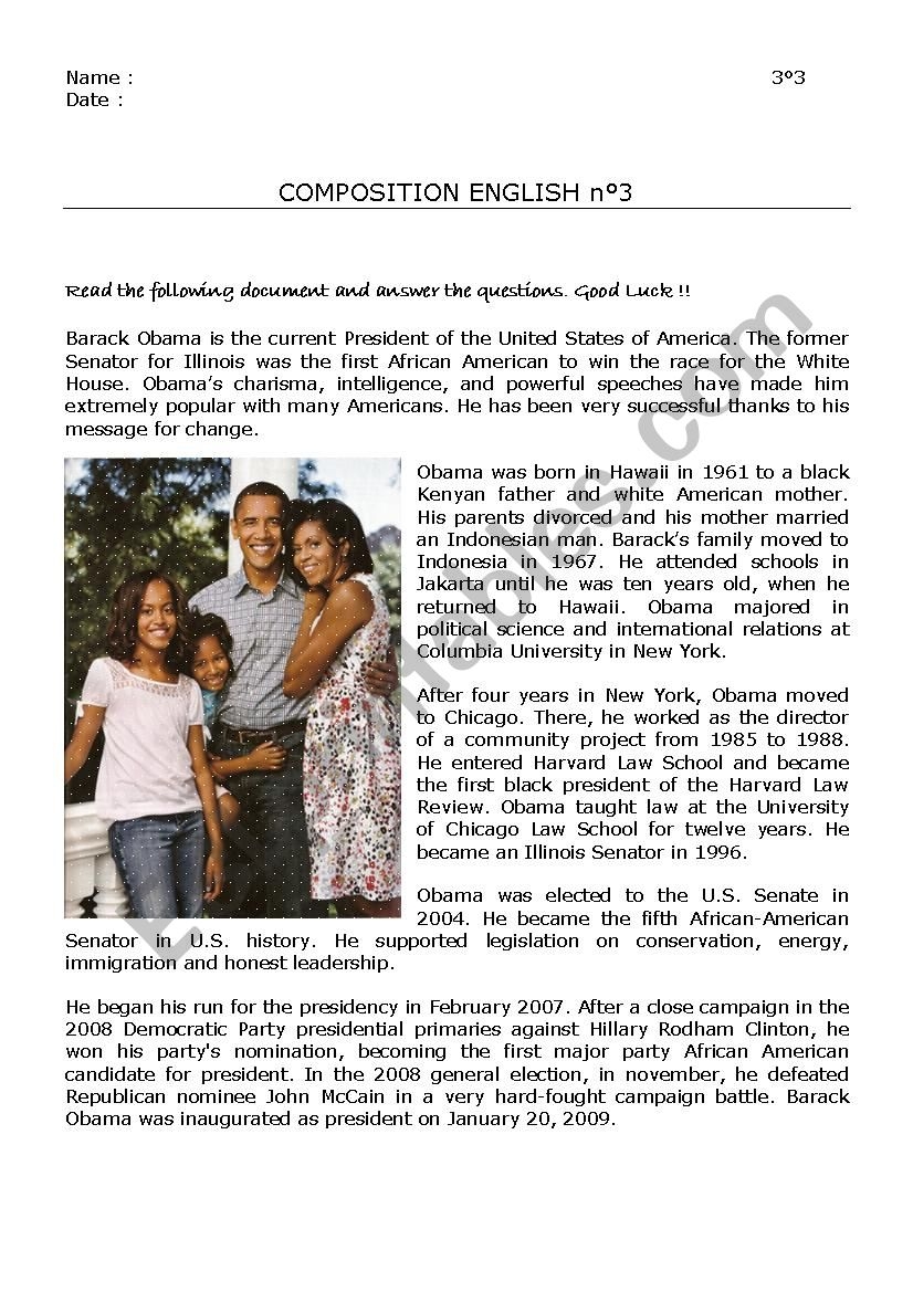 Barack Obama Reading Comprehension ESL Worksheet By Marion69