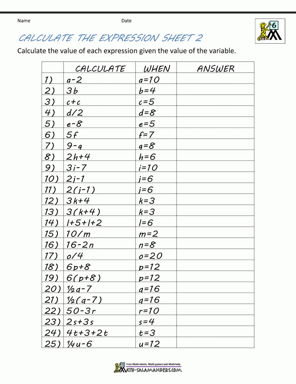 Free Printable Algebra Worksheets Grade 6