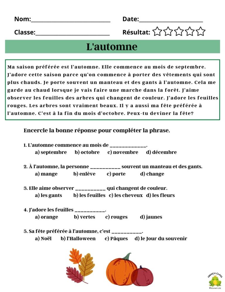 Basic French Reading Comprehension french Learning Classroom