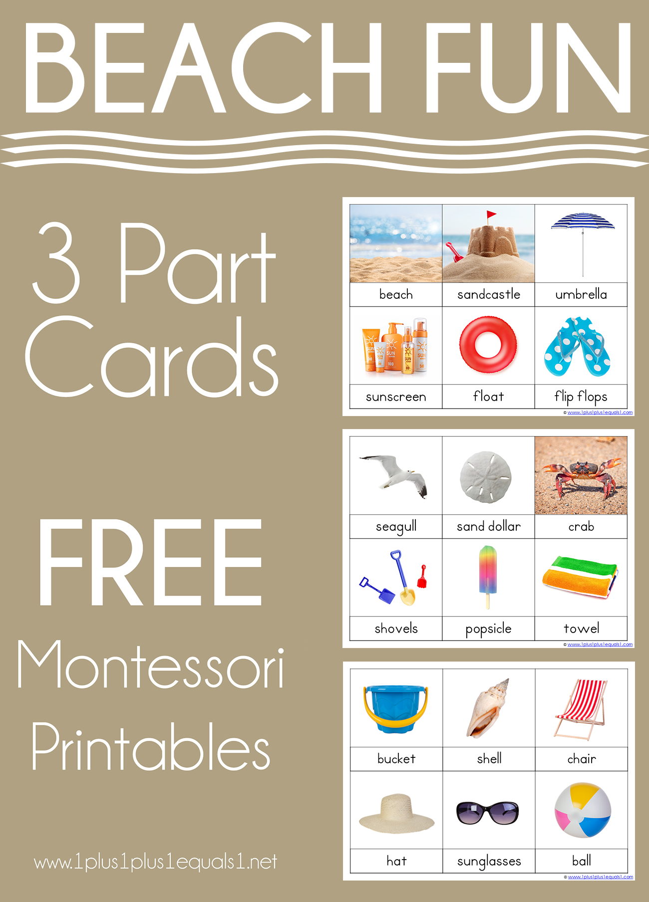 Beach Montessori Printables FREE 3 Part Cards 1 1 1u003d1 Beach Montessori Printables FREE 3 Part Cards 1 1 1u003d1