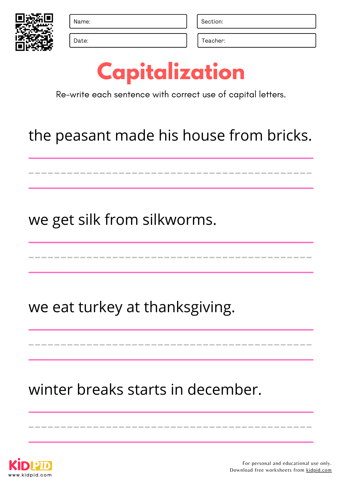 Capitalizations And Sentence Practice Worksheet For Kindergarten Kidpid