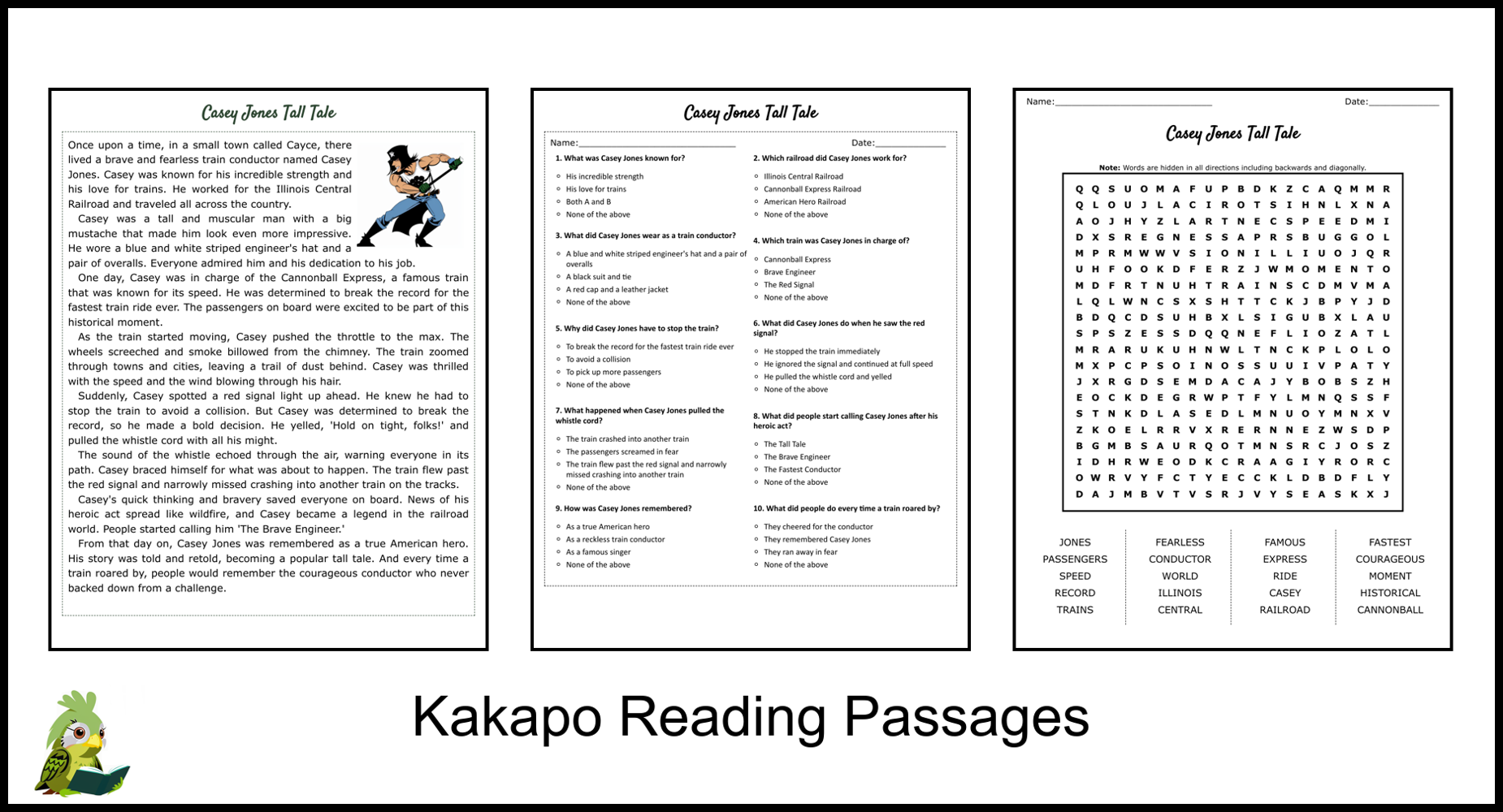 Casey Jones Tall Tale Reading Comprehension And Word Search Teaching Resources Casey Jones Tall Tale Reading Comprehension And Word Search Teaching Resources