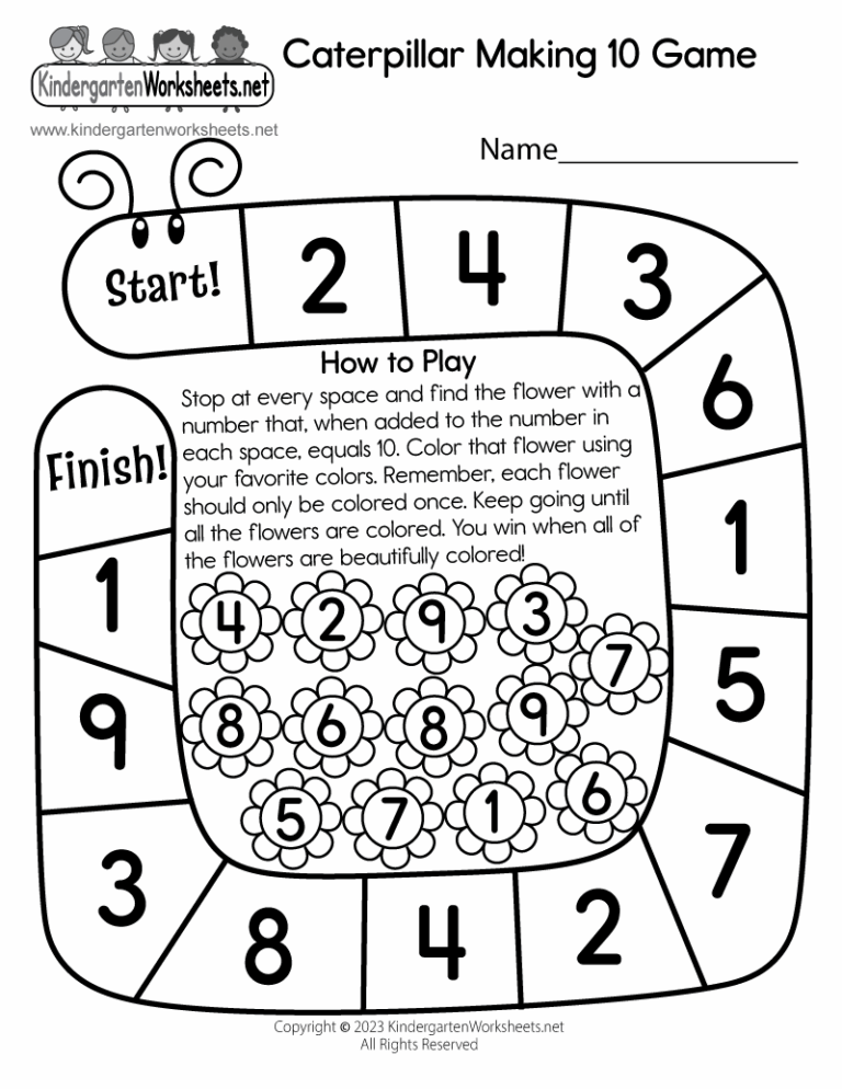 Caterpillar Making 10 Game Worksheet Free Printable Digital PDF