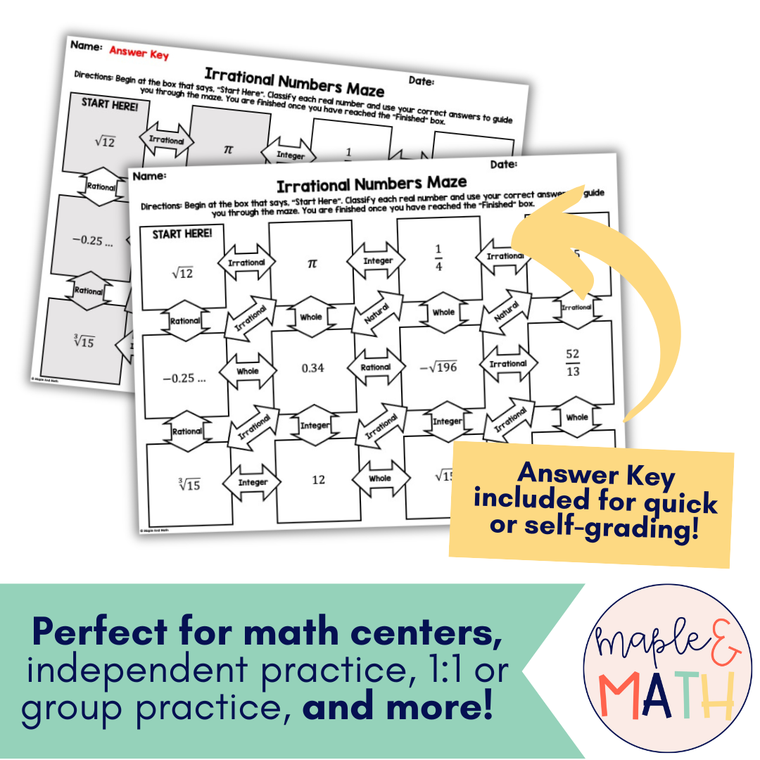 Classifying Irrational Numbers Printable Maze Activity Worksheet 8th Grade Classful