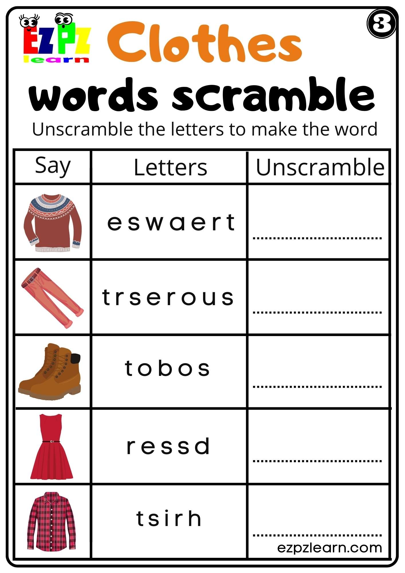 Clothes Word Scramble Worksheet For Kindergarten K5 And ESL Set 3 Clothes Word Scramble Worksheet For Kindergarten K5 And ESL Set 3