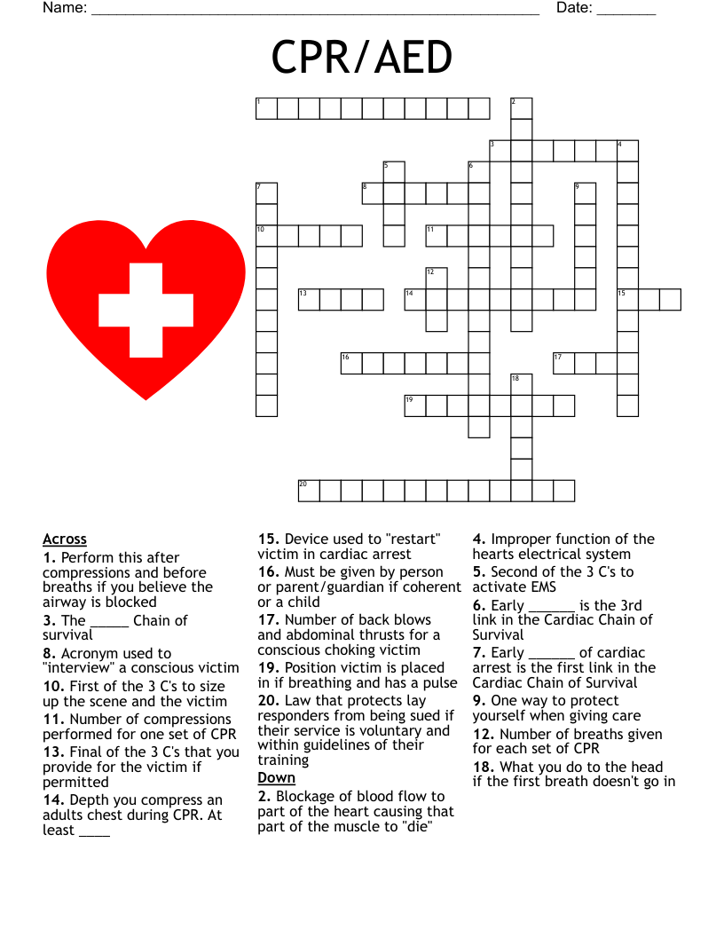 CPR First Aid AED Crossword Puzzle WordMint