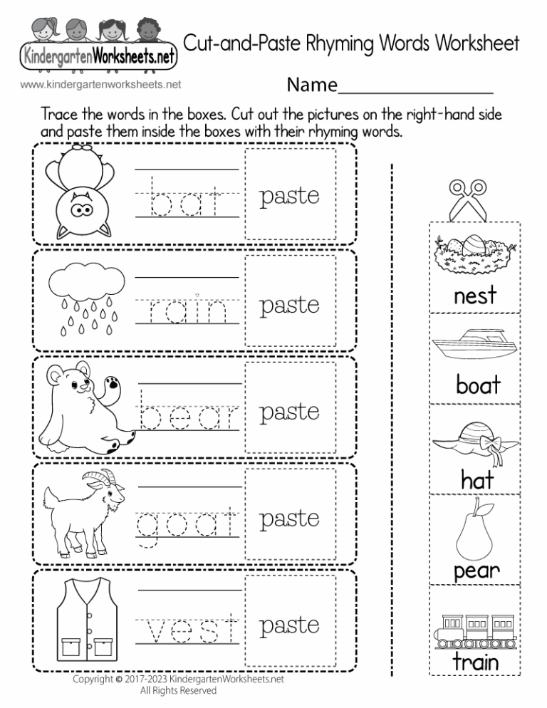 Cut and Paste Rhyming Words Worksheet Free Printable Digital PDF
