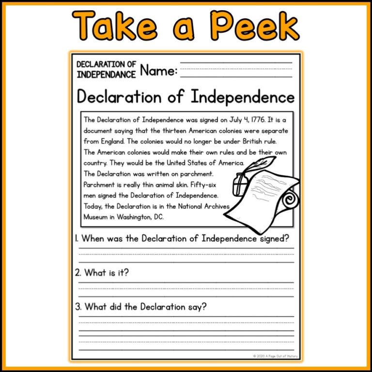 Declaration Of Independence Social Studies Reading Comprehension Passages