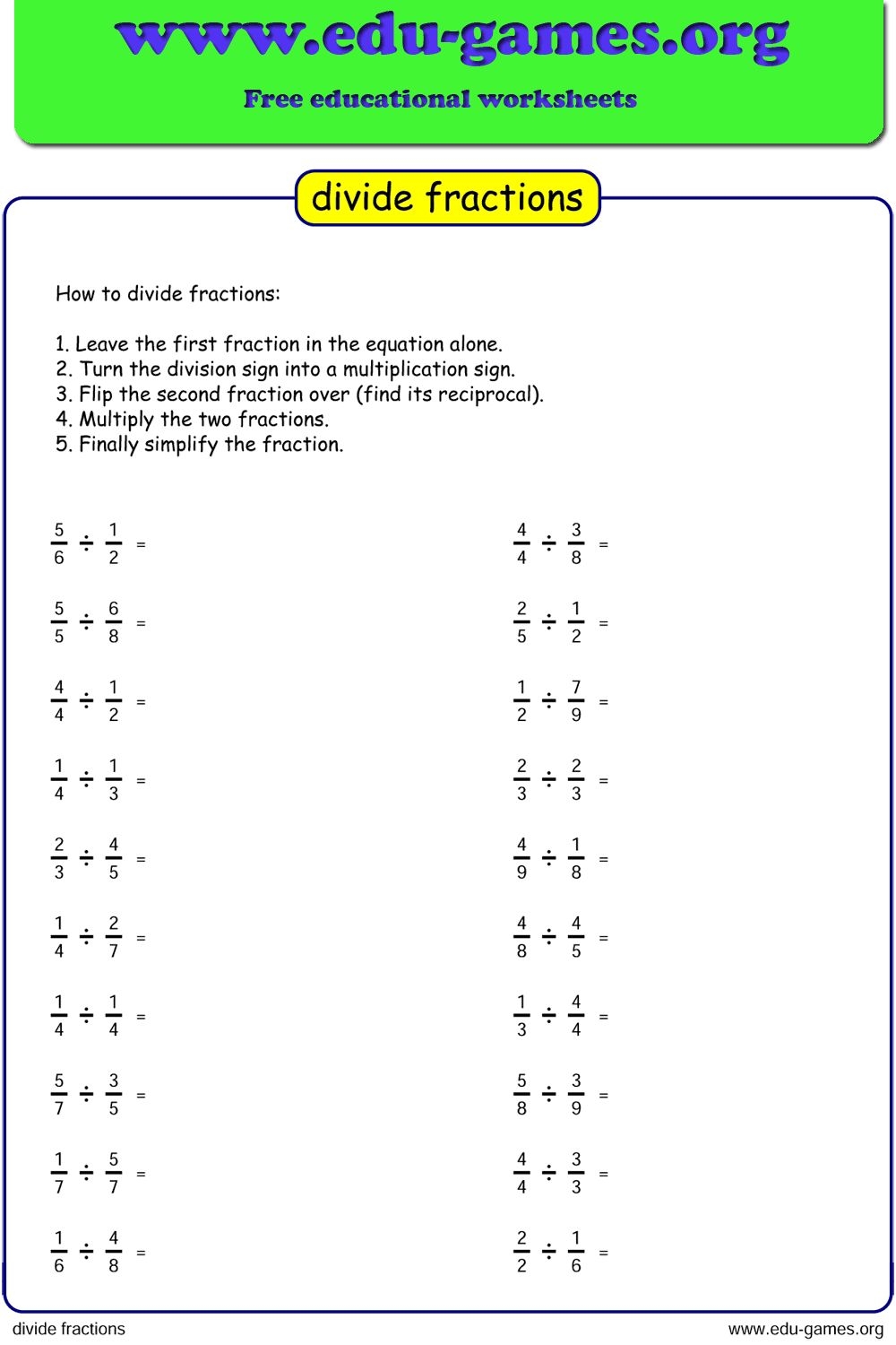 Dividing Fractions Worksheet Edu games Dividing Fractions Worksheet Edu games
