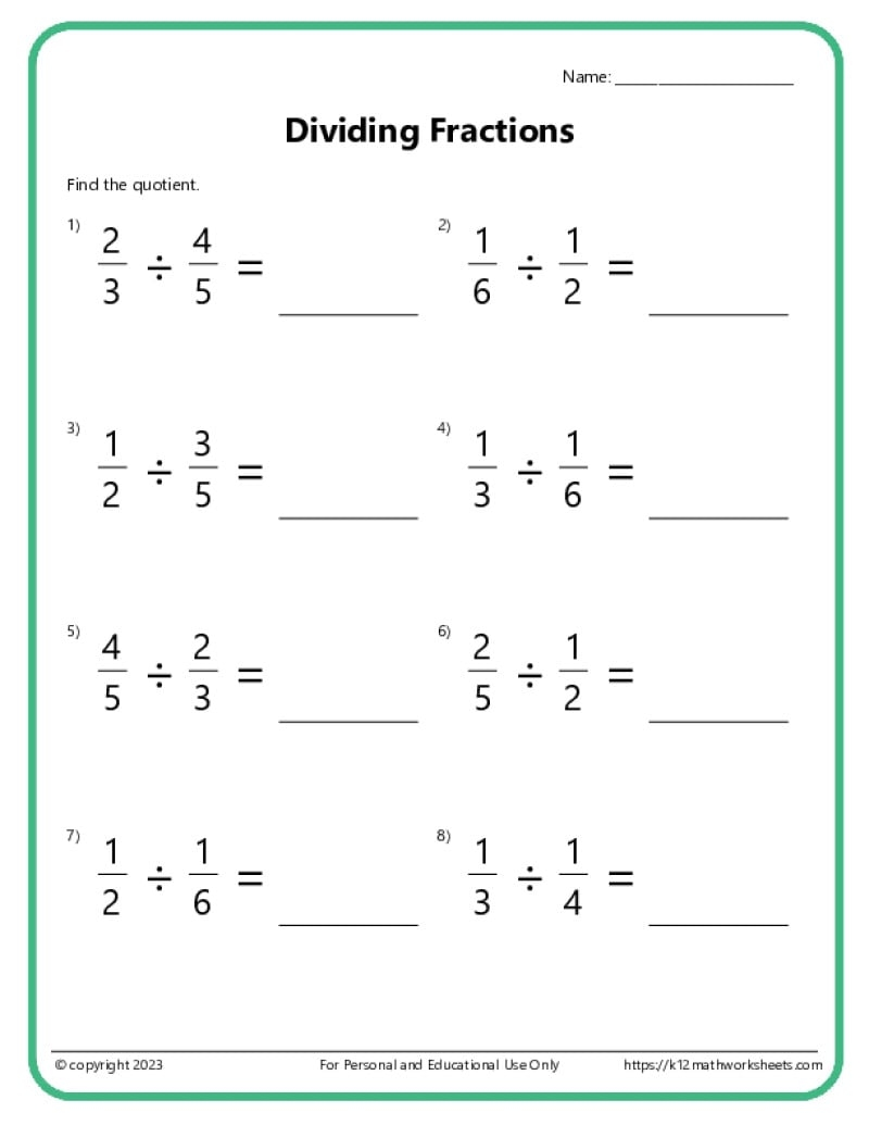 Dividing Fractions Worksheets