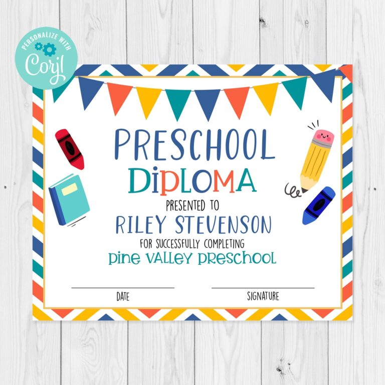 Editable Preschool Diploma Template Pre School Completion Certificate Preschool Graduation Certificate Template Edit With Corjl