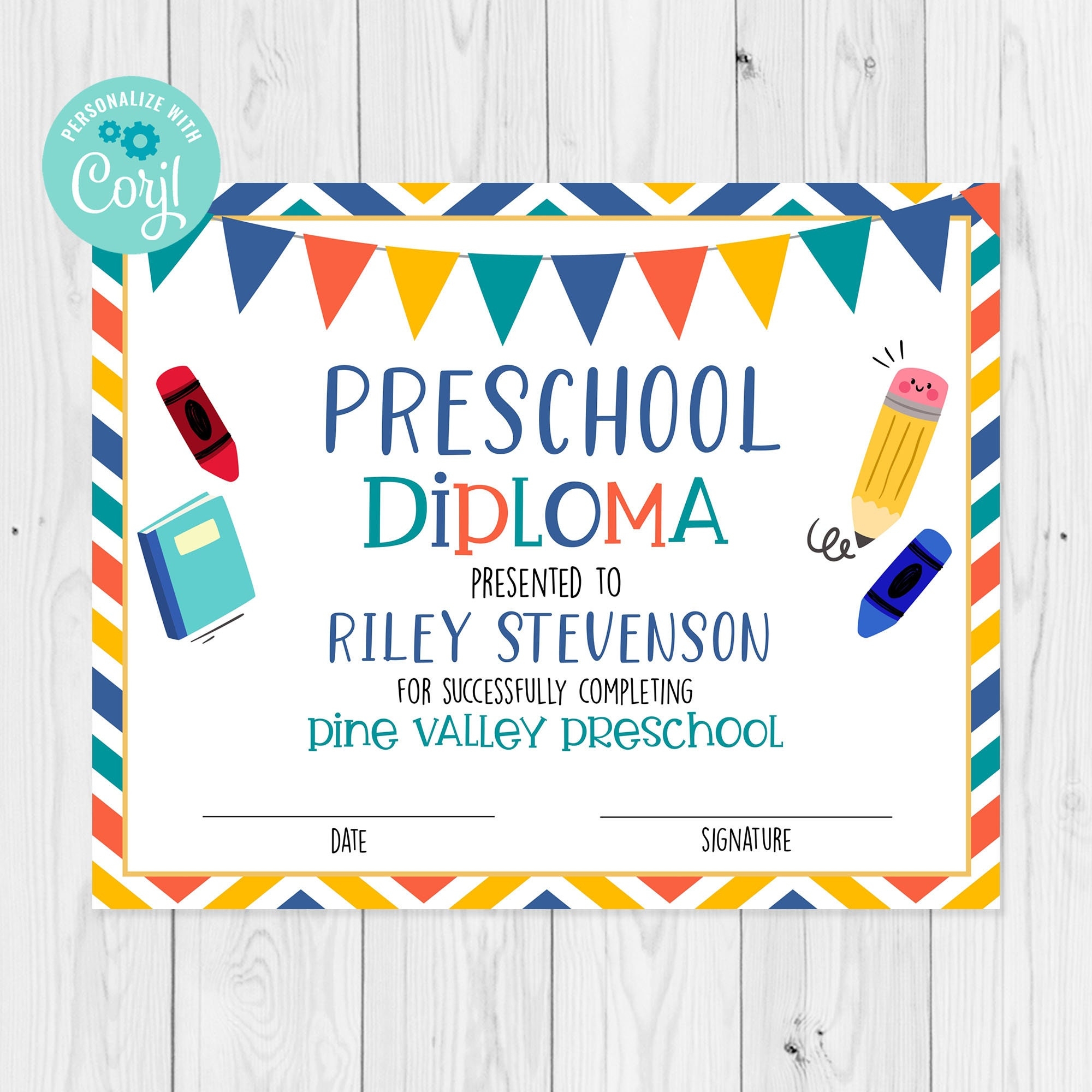Editable Preschool Diploma Template Pre School Completion Certificate Preschool Graduation Certificate Template Edit With Corjl