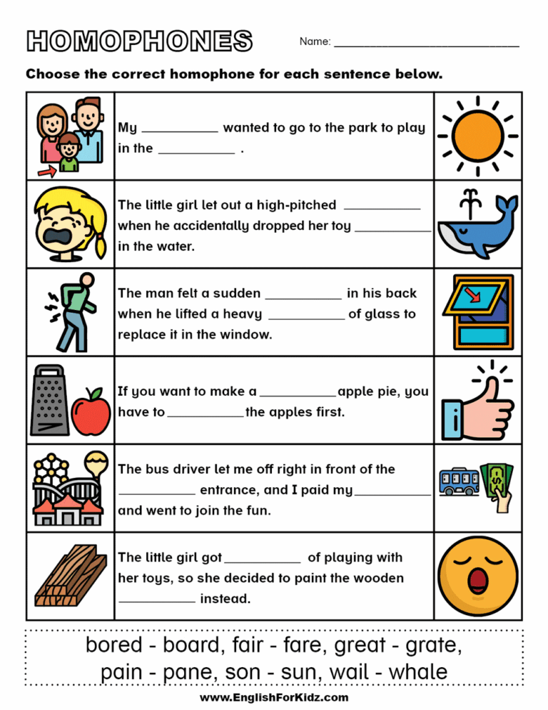 English For Kids Step By Step Homophones Worksheets And Posters