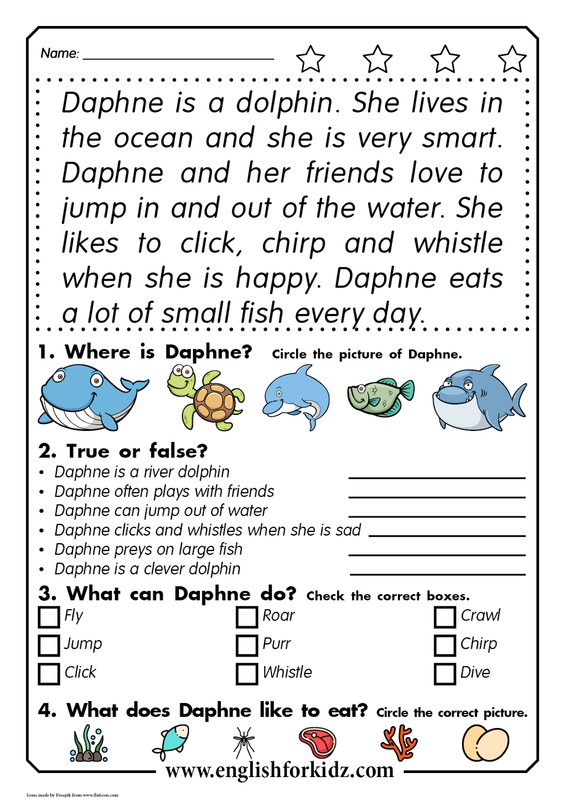 English For Kids Step By Step Reading Comprehension Worksheets Daphne The Dolphin