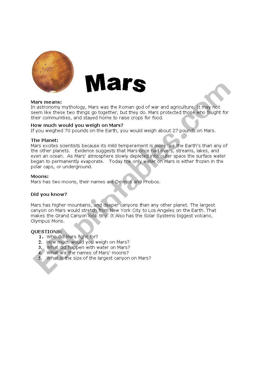 English Worksheets Reading Comprehension Mars English Worksheets Reading Comprehension Mars