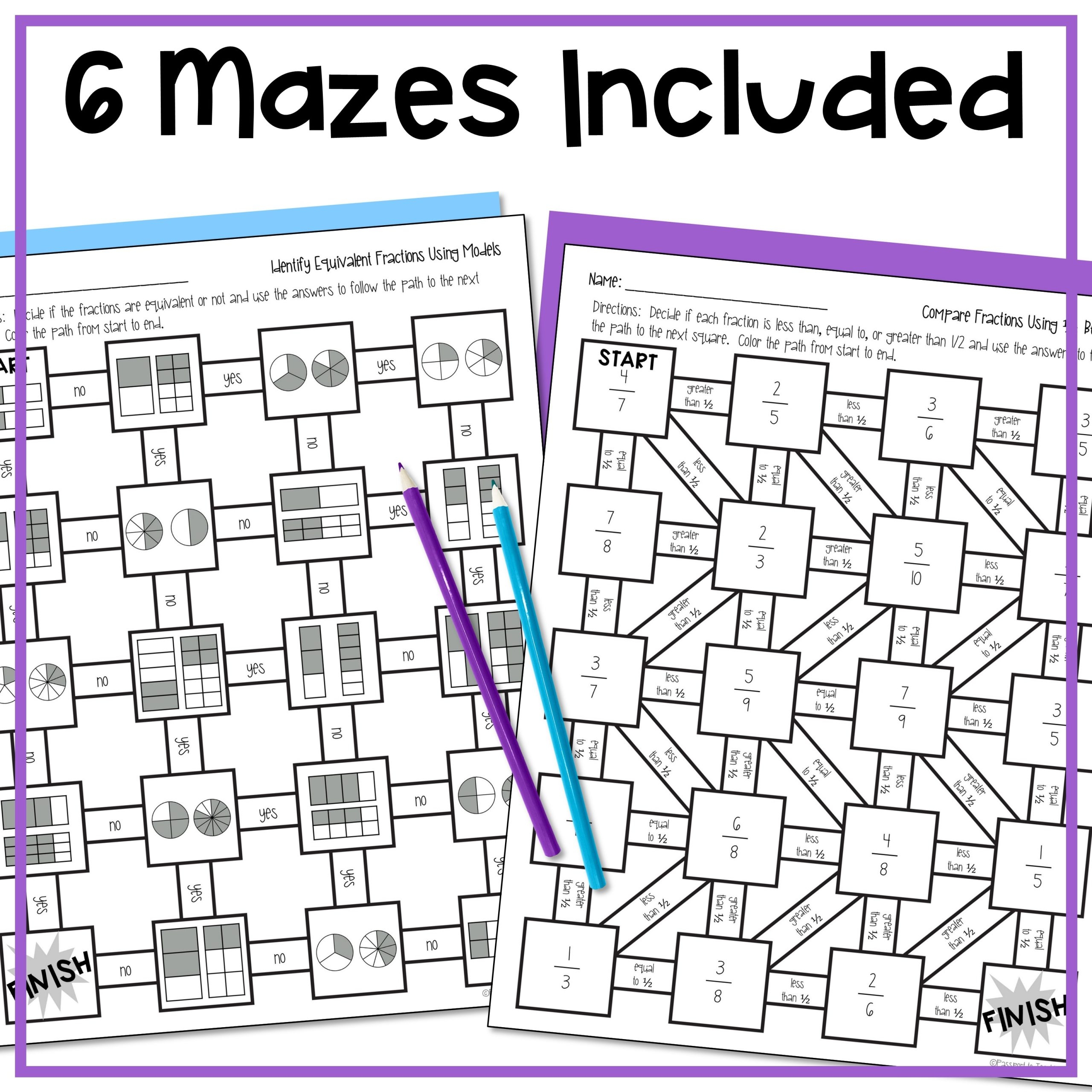 Equivalent Fractions And Comparing Fractions Math Maze Worksheets 