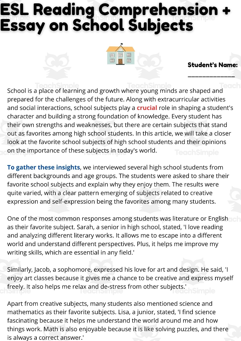 ESL Reading Purchase Comprehension Writing