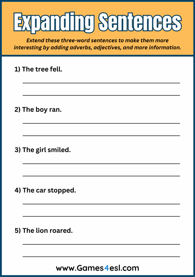 Expanding Sentences Worksheets Writing Complex Sentences Games4esl