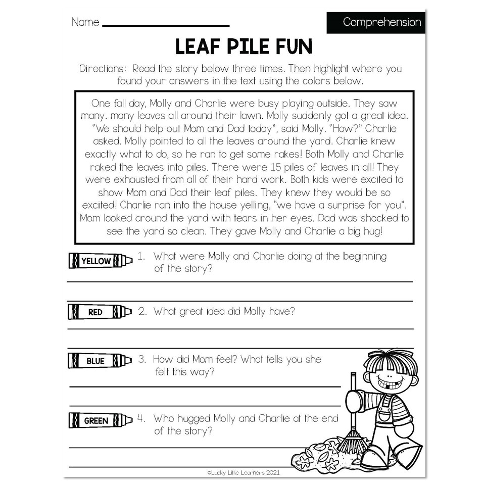 Fall Early Finishers 2nd Grade ELA Comprehension Leaf Pile Fun Lucky Little Learners