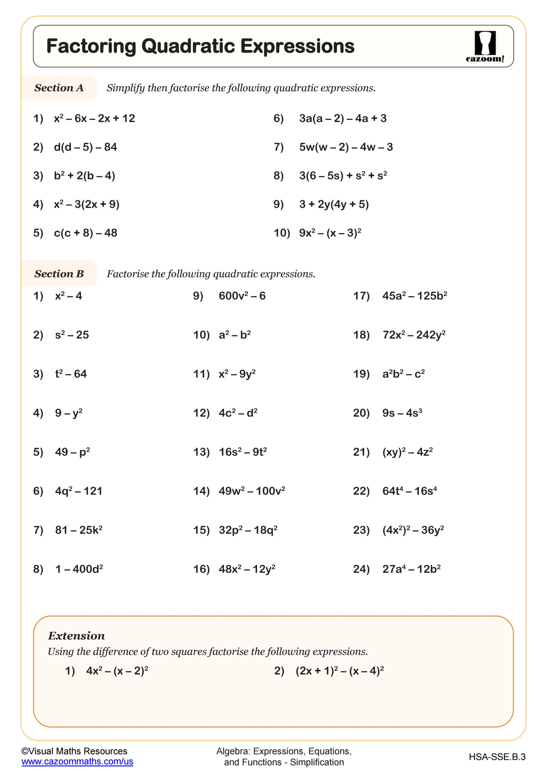 Free Printable Factoring Worksheet