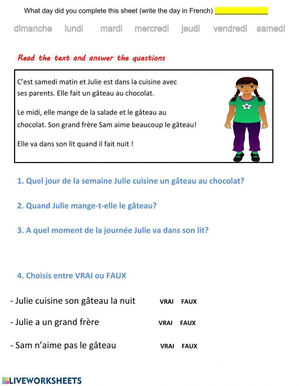Free French Reading Comprehension Worksheet Download Free French 